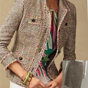 Talbots Pink Green Tweed Fringe 3/4 Sleeve Jacket & Skirt Suit Set Sz ( 4P/2P )